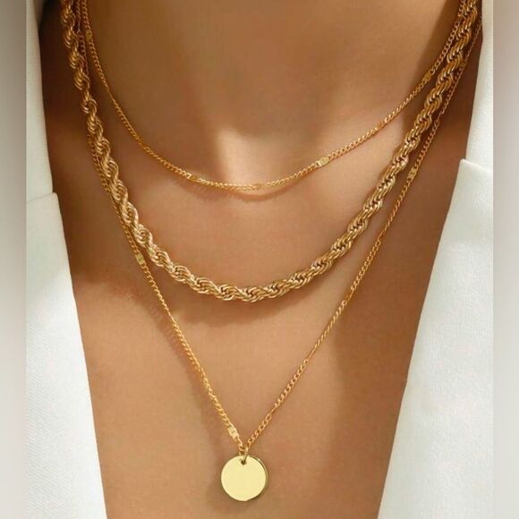 Gold 2pc Disc Multi Layered Necklace - Picture 1 of 2